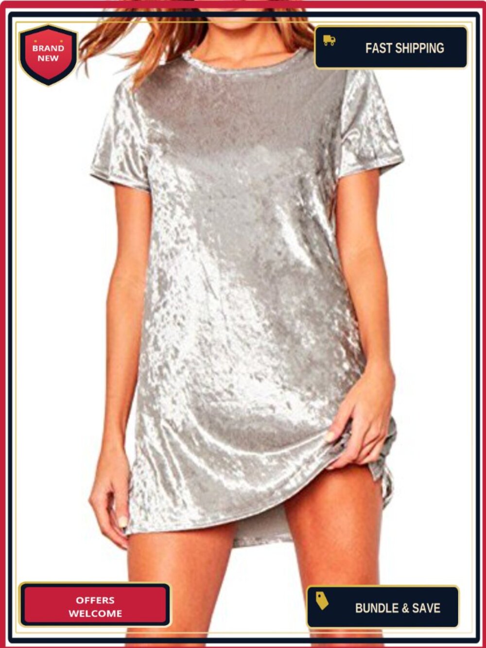 Women's Casual Crushed Velvet Mini T-Shirt Dress Short Sleeve Shift
